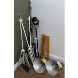  Pair of Photax Reflector 30 photographic lamps with adjustable tripod stands, another lamp, four Photax Interbrolly umbrellas and an additional stand, (qty)  