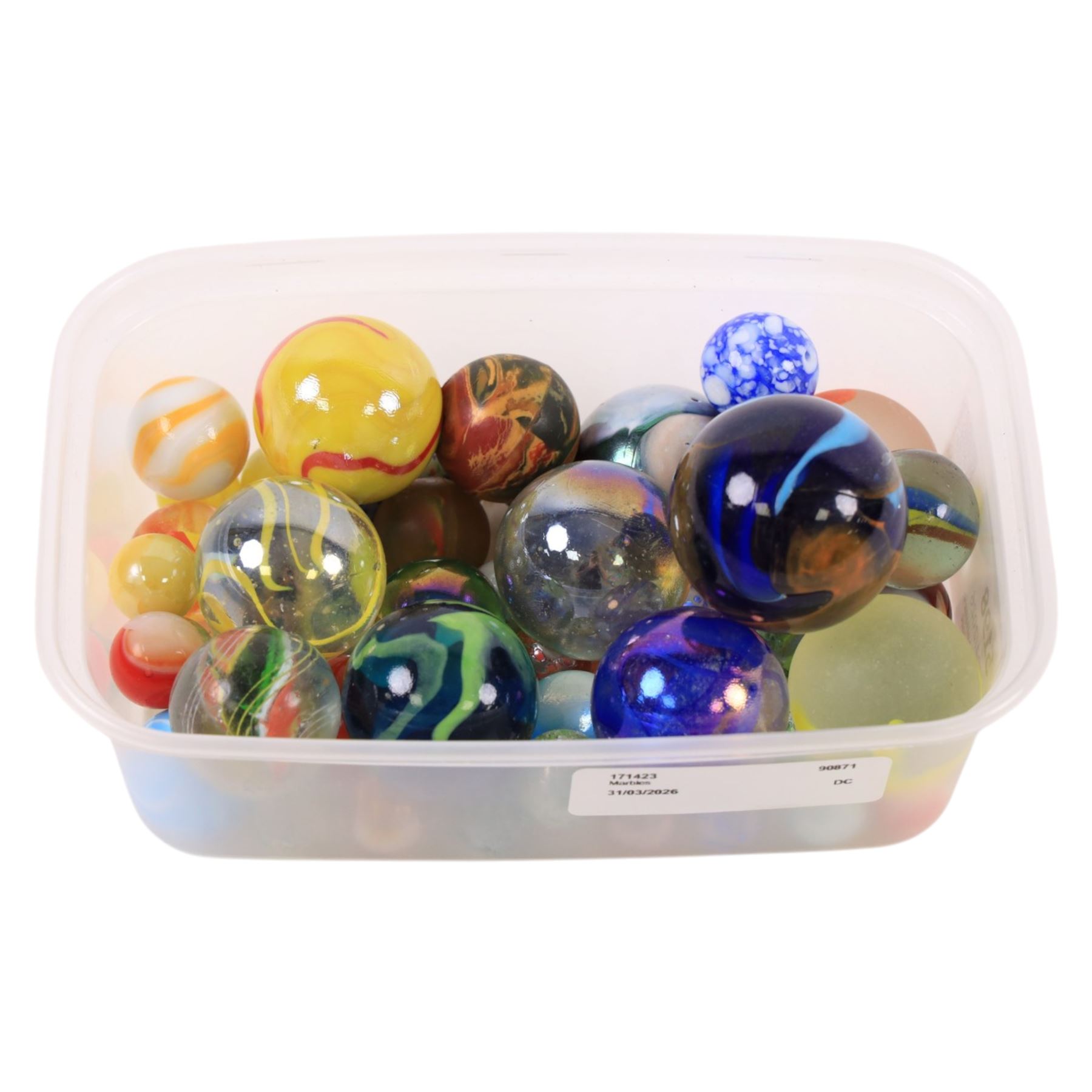 Collection of marbles, including larger examples