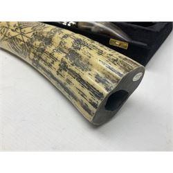 Horn handled magnifying glass and letter opener cased set, replica Scrimshaw in the form of a tusk titled The Ship Charles W Morgan New Bedford and pair of binoculars