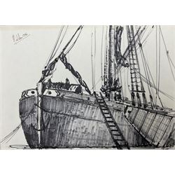 Jack Rigg (British 1927-2023): Thames Sailing Barge at 'Maldon', pen and ink sketch signed...