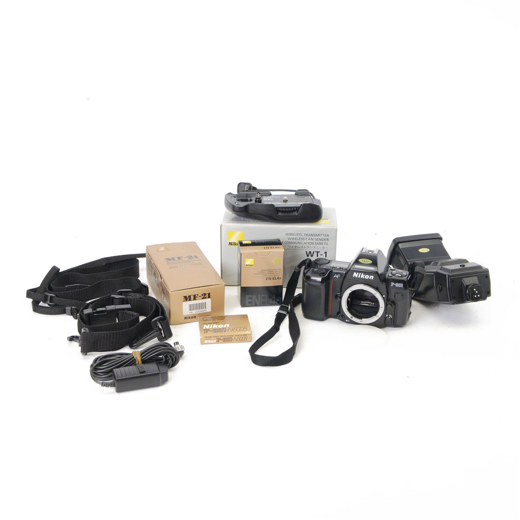 Nikon F-801 camera body serial no. 2010504, together with Nikon accessories, including wireless transmitter WT-1, focusing screen and speedlight