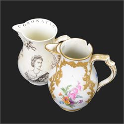 19th century and later ceramic jugs, including small Royal Crown Derby example, painted with florals and gilt leaves, Adams Jasperware Hull jug with town crest, floral KPM example and a Georgian example inscribed Joshua Longfield 1921, etc, tallest H12cm