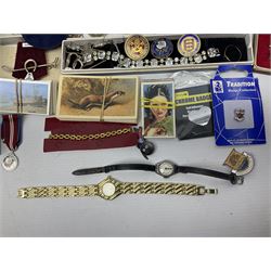 Costume jewellery, including bracelet, brooches, clip on earrings, etc, together with enamel pin badges, mostly relating to bowls, Zippo RAF lighter, cigarette cards and other collectables