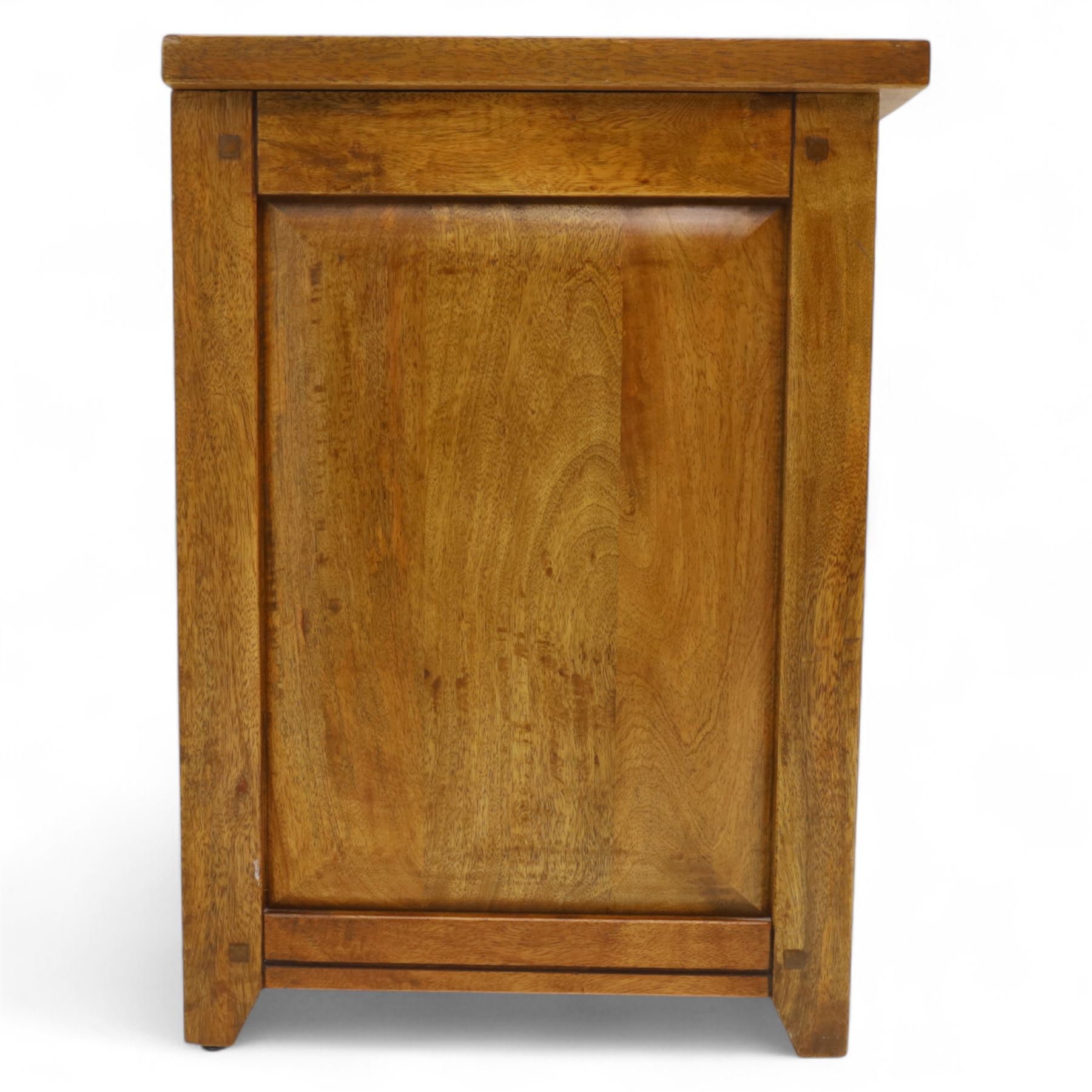 Two hardwood bedside chests,  of rectangular form, fitted with three drawers with recessed brass handles, panelled sides, and flush top, W55xD40xH68cm & W45D45xH68cm 