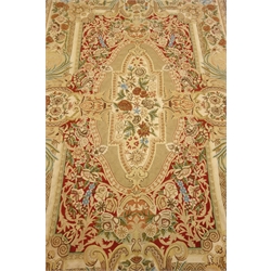  Kasmiri beige ground wool chain hand stitched rug, repeating border, 270cm x 176cm  