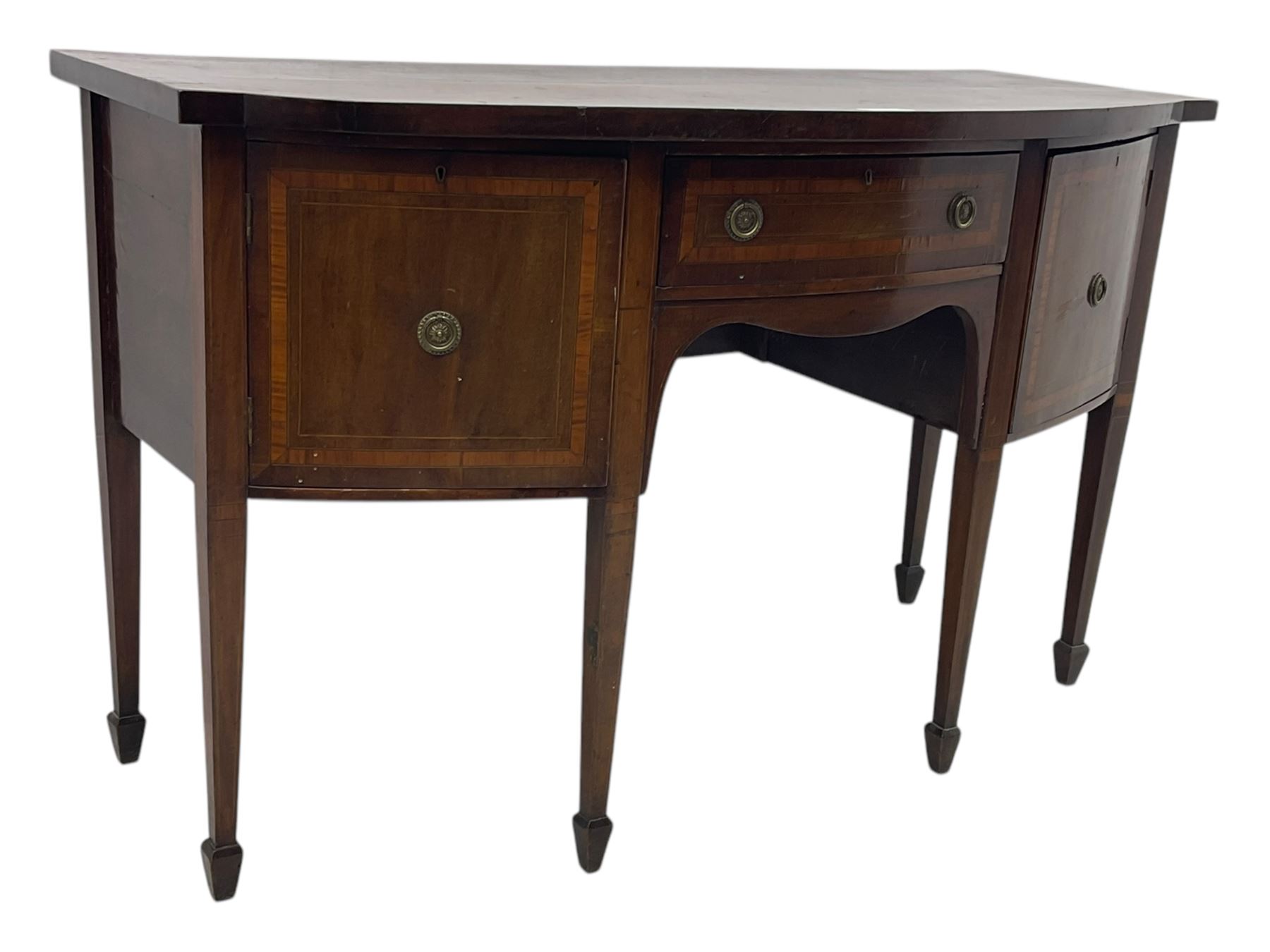 Early 19th century inlaid mahogany bow-fronted sideboard, the top inlaid with satinwood band, fitted with two cupboards and single drawer, on square tapering supports with spade feet 