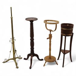 Mahogany torchiere H103cm, pine hat makers' stand H102cm, H91cm brass-bound planter on sta...