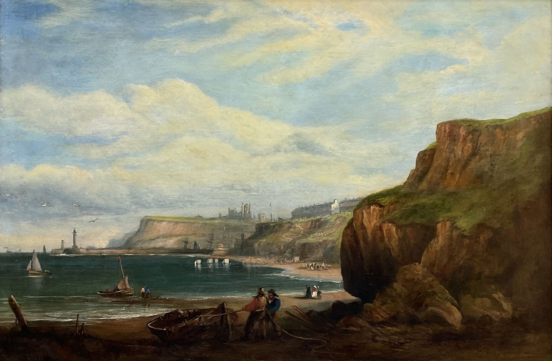 George Chambers Jnr. (British 1829-1878): Whitby from Upgang with Bathing Machines and Figures on the Beach, oil on canvas signed and dated '73, 59cm x 90cm