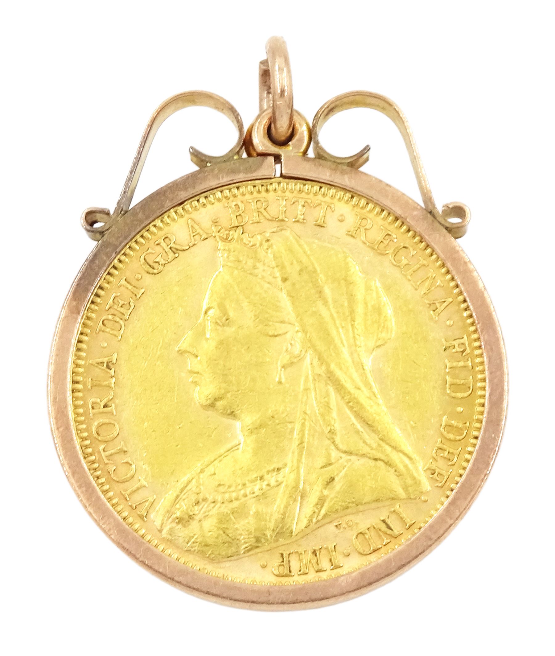Queen Victoria 1896 gold full sovereign coin, loose mounted in 9ct gold pendant