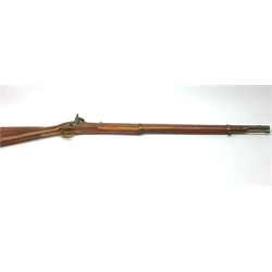 Indian style Enfield type smooth bore muzzle loading percussion cap musket, approximately 24-bore, full walnut stock with two bands and ramrod under L118cm overall