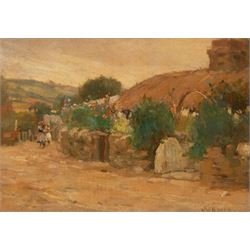 James William Booth (Staithes Group 1867-1953): Girls Beside a Thatched Cottage, oil on ca...