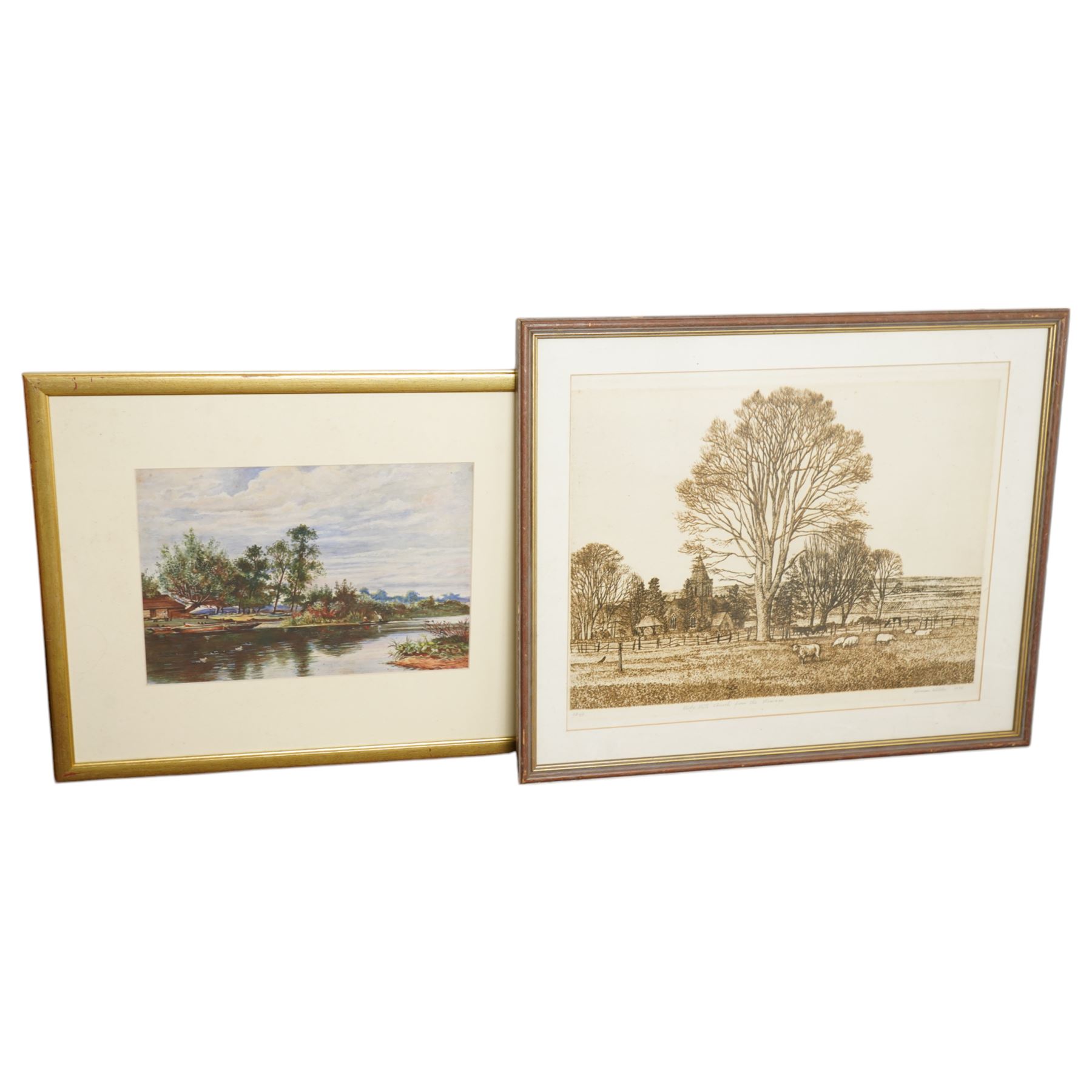 Norman Webster etching, Warburton pastel and other assorted watercolours and oils (in one box)