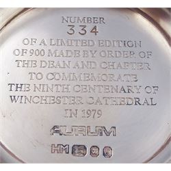 Modern limited edition silver goblet to commemorative the ninth centenary of Winchester Cathedral, designed by Hector Miller for Aurum, the tapering cylindrical bowl with gilt interior upon a gilt stem modelled as figures, and spreading circular foot, hallmarked Hector Miller, London 1979, number 334/900, H16.5cm, 13.09 ozt (407 grams)