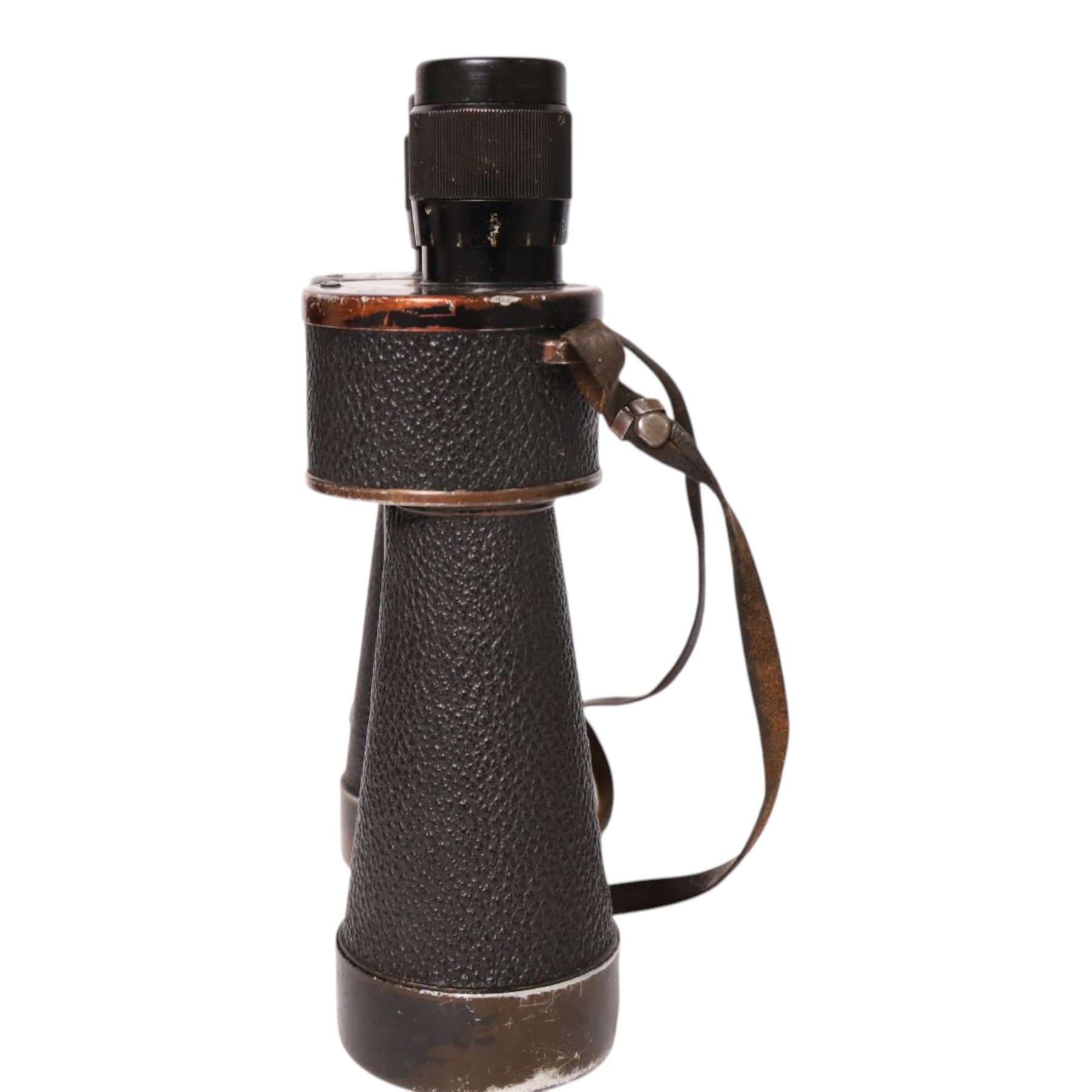 WWII German Pair of  7x50 Binoculars, stamped to the back plate '7x50 beh (T) 380587 KF' and stamped to the other side with the Kriegsmarine mark and 32739 N, wiht later leather case, H22cm
