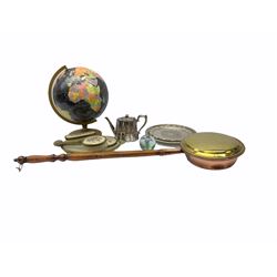 ladies vanity set with floral embroidery backs, comprising mirror, two brushes, comb and tray, along with paperweight with internal floral design, brass and copper bedwarmer, two metal serving trays, a metal teapot and a globe. 