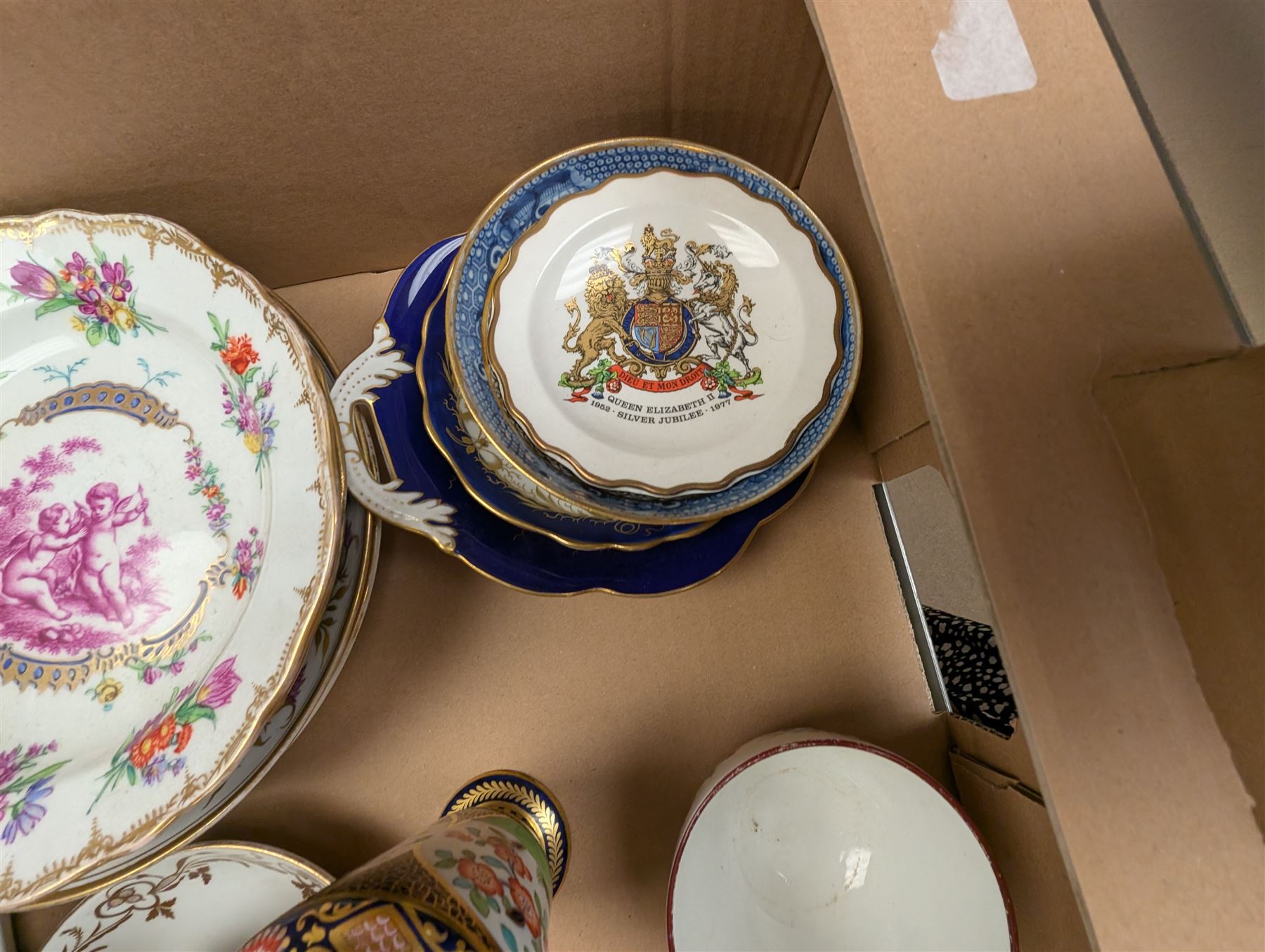19th century and later ceramics, including cabinet plates, together with Continental vases, Copeland cups and other ceramics, in three boxes