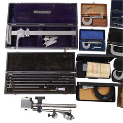 Collection of measures and gauges, including Venture Tachometer, collection of micrometers including Brown & Sharpe examples, three height gauges and other scientific instruments