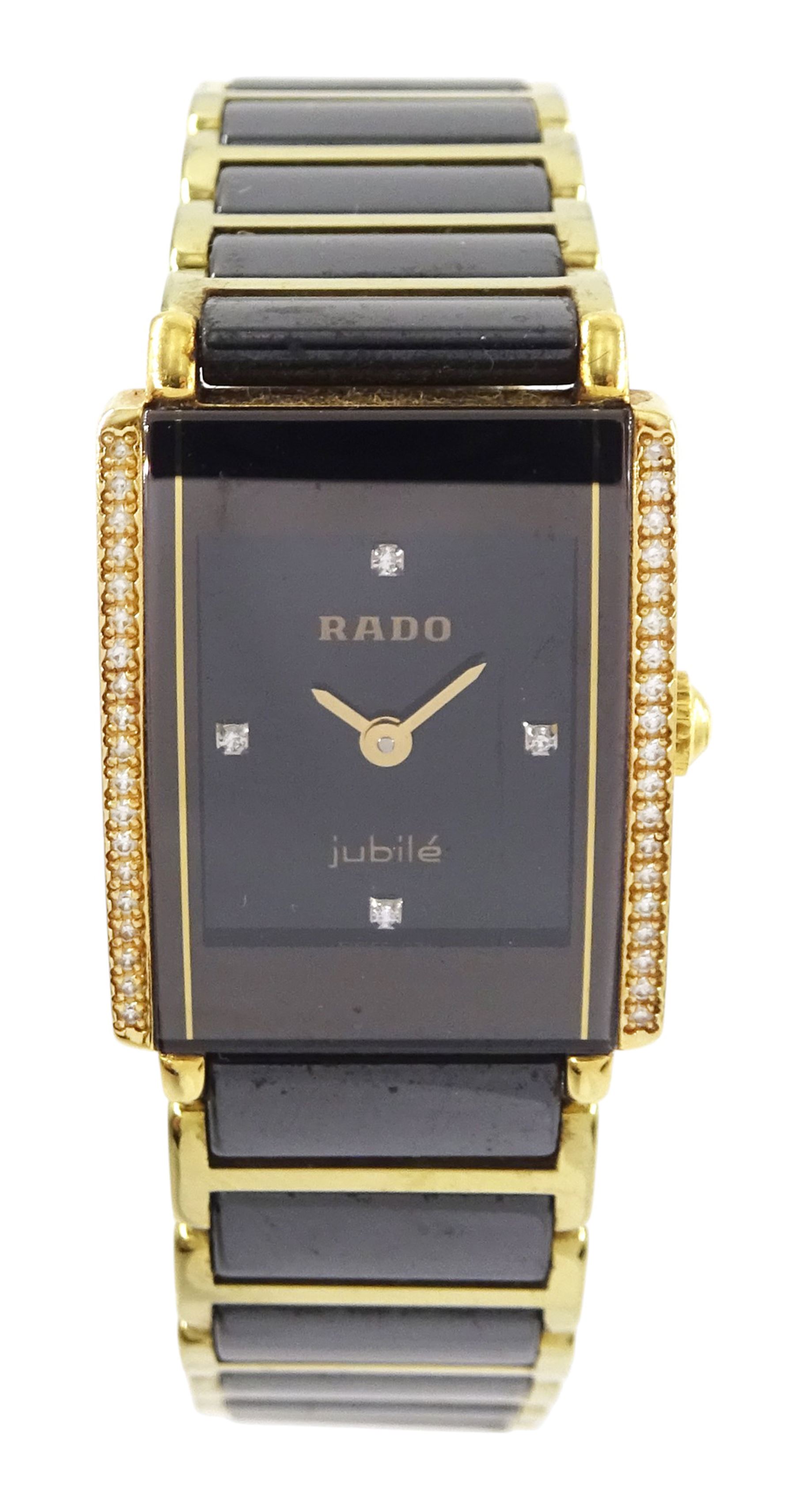 Rado DiaStar jubilé ladies ceramic quartz wristwatch, Ref. 153.0339.3, black dial with diamond dot hour markers and diamond bezel, on integral bracelet, boxed 