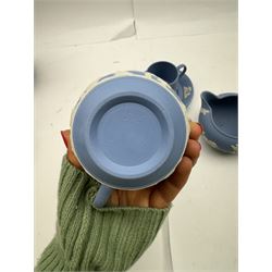 Wedgwood Jasperware tea and coffee wares, comprising teapot, coffee pot, milk jug, covered sucrier, coffee can and saucer and teacup and saucer 