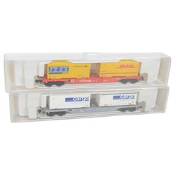 Fleischmann 'N' gauge rolling stock, comprising 8599 90 Ton Breakdown Crane, 825201 Cross Rail 3 Wagon Set, 837301 SBB Cargo 3 Sliding Wall Wagon Set, 8252K Cargo Domino wagons and 868250K DHL wagons, all boxed