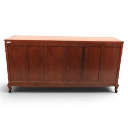 20th century Chinese ornately hardwood sideboard, rectangular top over four drawers above four cupboards, pierced carved apron, raised on cabriole legs 