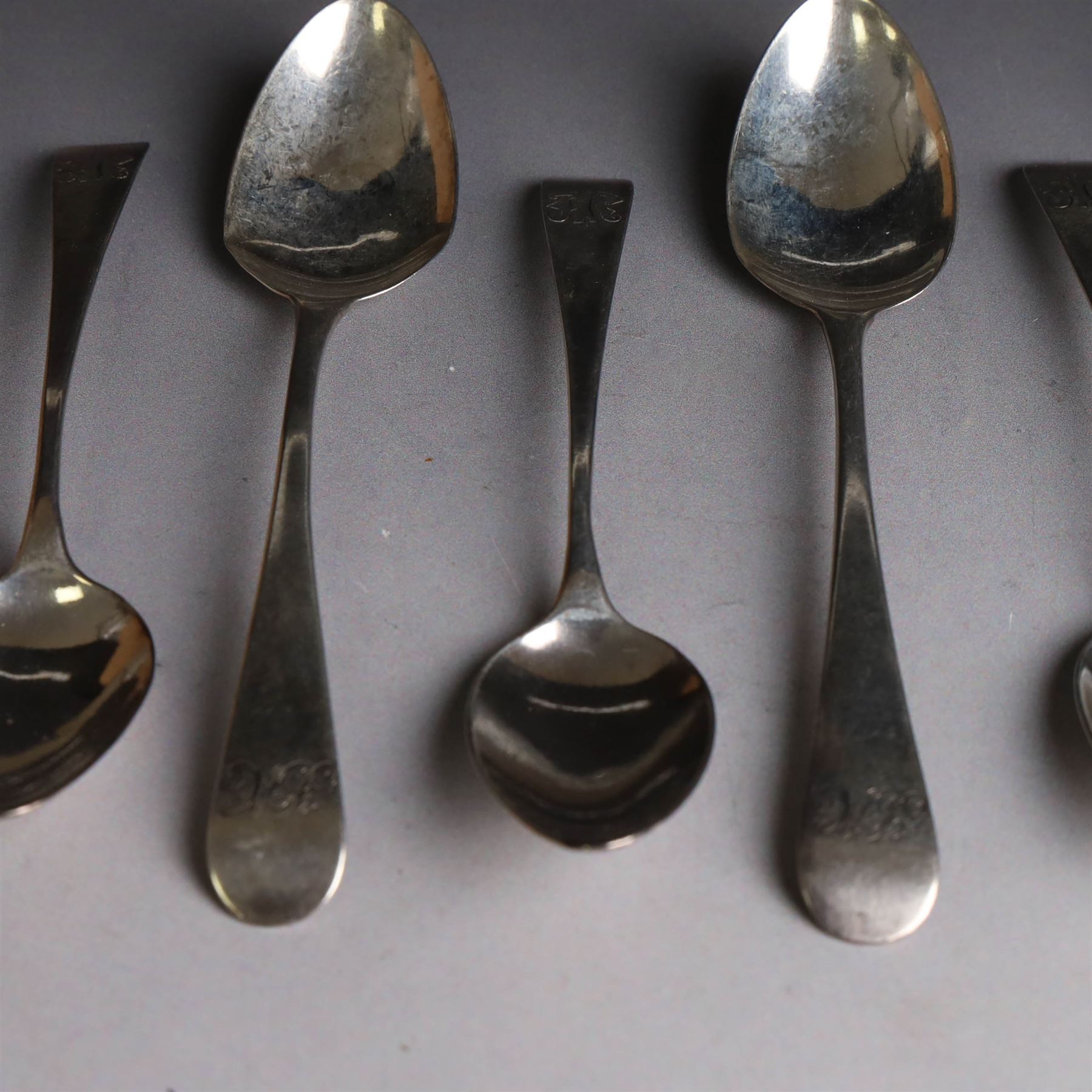 Set of six William IV silver teaspoons, engraved with monogram to terminal, hallmarked William Bateman I, London 1824, together with a set of five George III silver teaspoons, engraved with initials, hallmarked Peter & William Bateman, London 1806