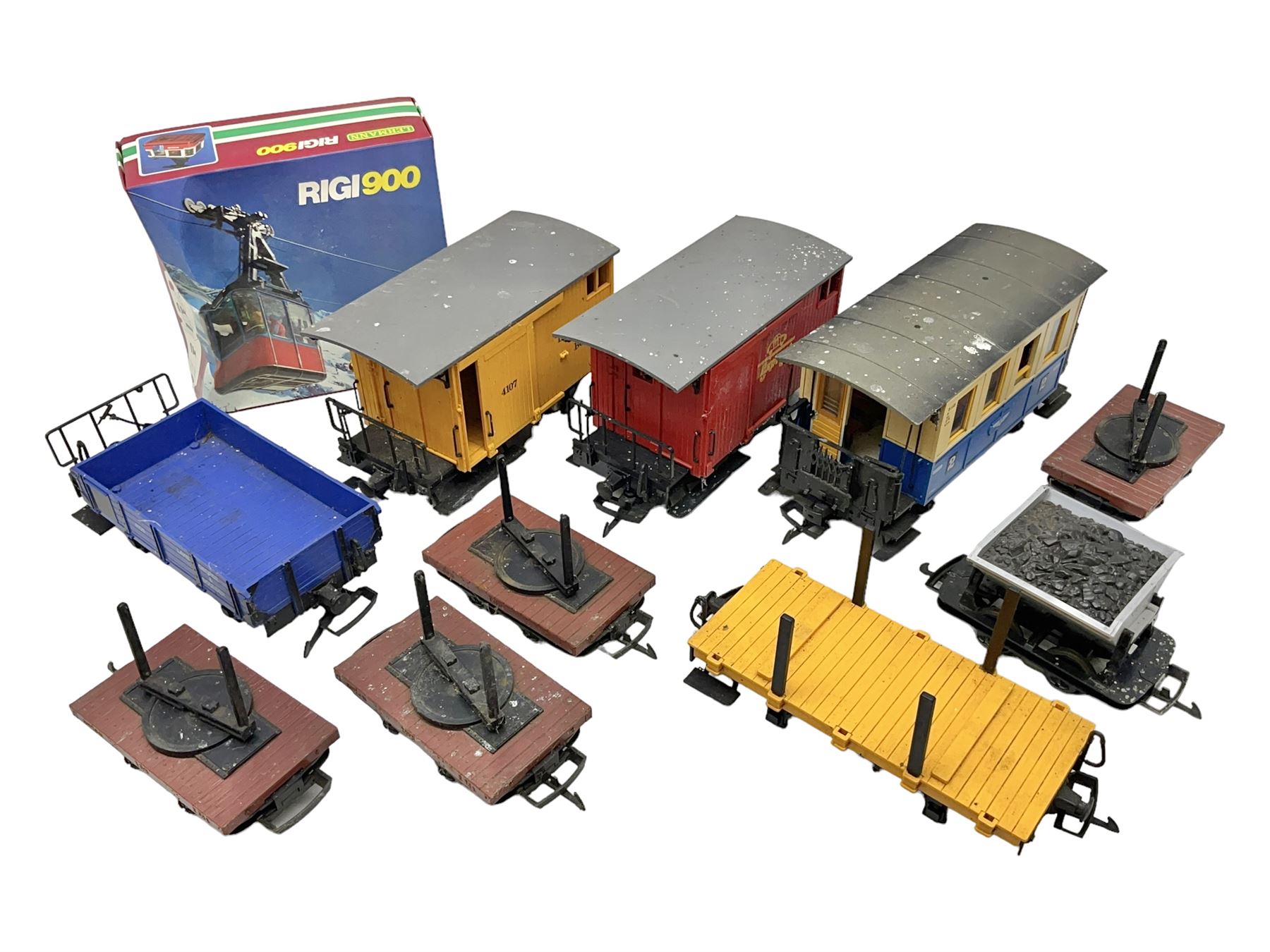 Three LGB (Lehmann Gross Bahn) G scale, gauge 1, rolling stock wagons, comprising two Lake George and Boulder wagons and an Auto Express wagon, together with a LGB passenger coach, other LGB rolling stock and a Lehmann Rigi900 ski lift