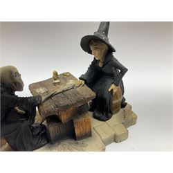 Terry Pratchett Discworld figures, designed by Clarecraft, comprising Death and Granny Weatherwax, DW90, Deathhead DWE8, Dried-frog pill box, boxed, DW63, Death as Beau Nidle, boxed, DW88, Agnes Nitt DW68, Detritus, DW22, Bonsai mountain, DW78, Volcanic bonsai mountain, boxed, DW79, Bonsai mountain valley, DW80, together with the Discworld mapp, and a collection of Terry Pratchett cards.  