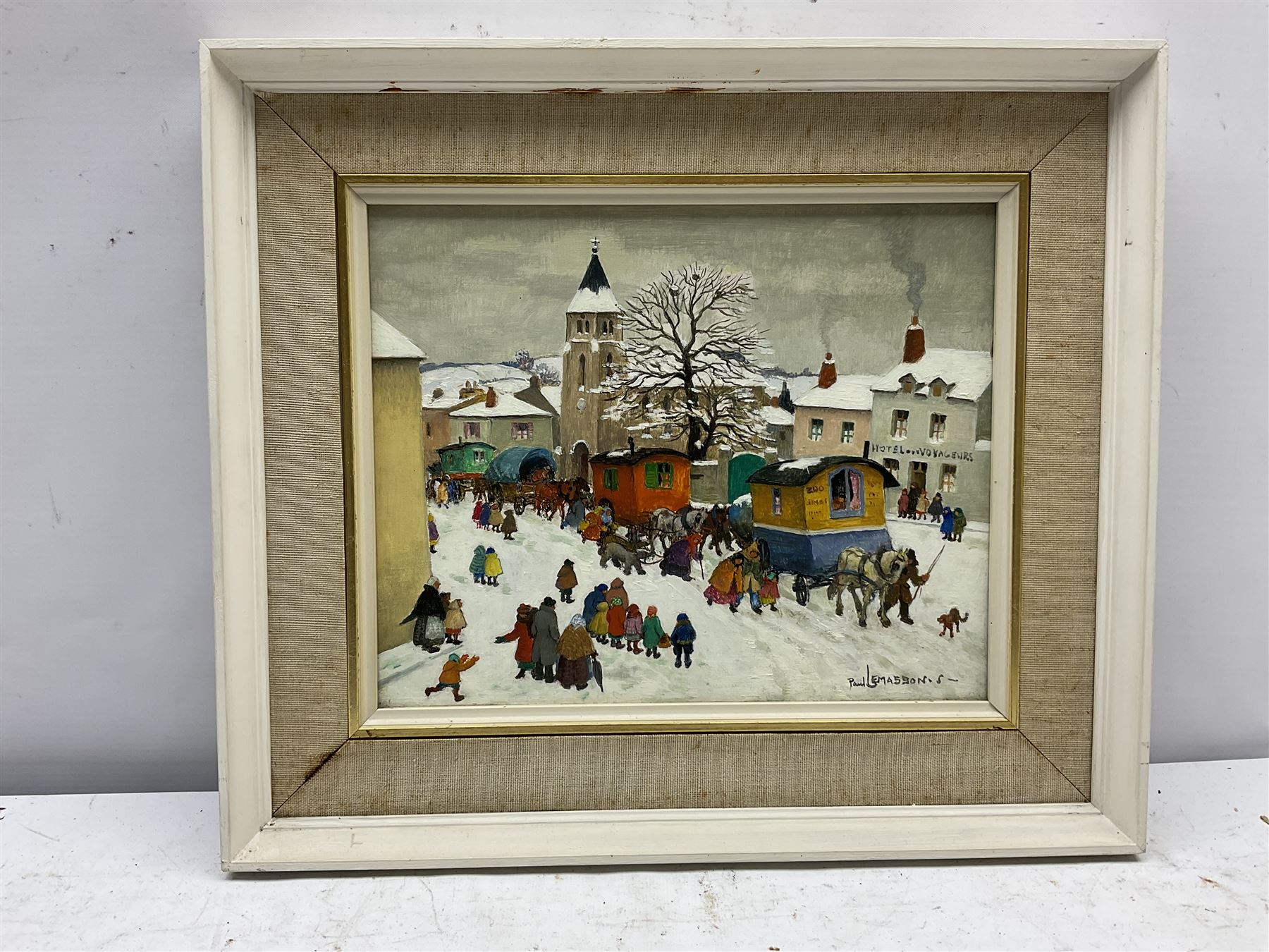 Paul Lemasson (French 1897-1971): The Arrival of the Travelling Zoo, oil on board signed 21cm x 26cm