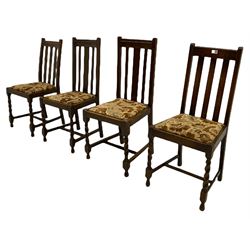 Early 20th century oak barley twist drop leaf dining table (105cm x 154cm, H74cm), and four chairs 