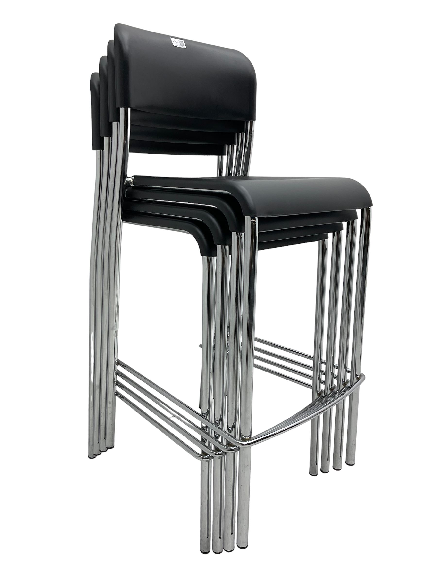 Set four Italian stacking bar stools, black back and seat over chrome supports