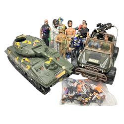 Action Man - Hasbro Strike Force Battle Tank by Sunny Smile; jeep; ten various period dressed figures; and quantity of weapons and other accessories including motorcycle etc