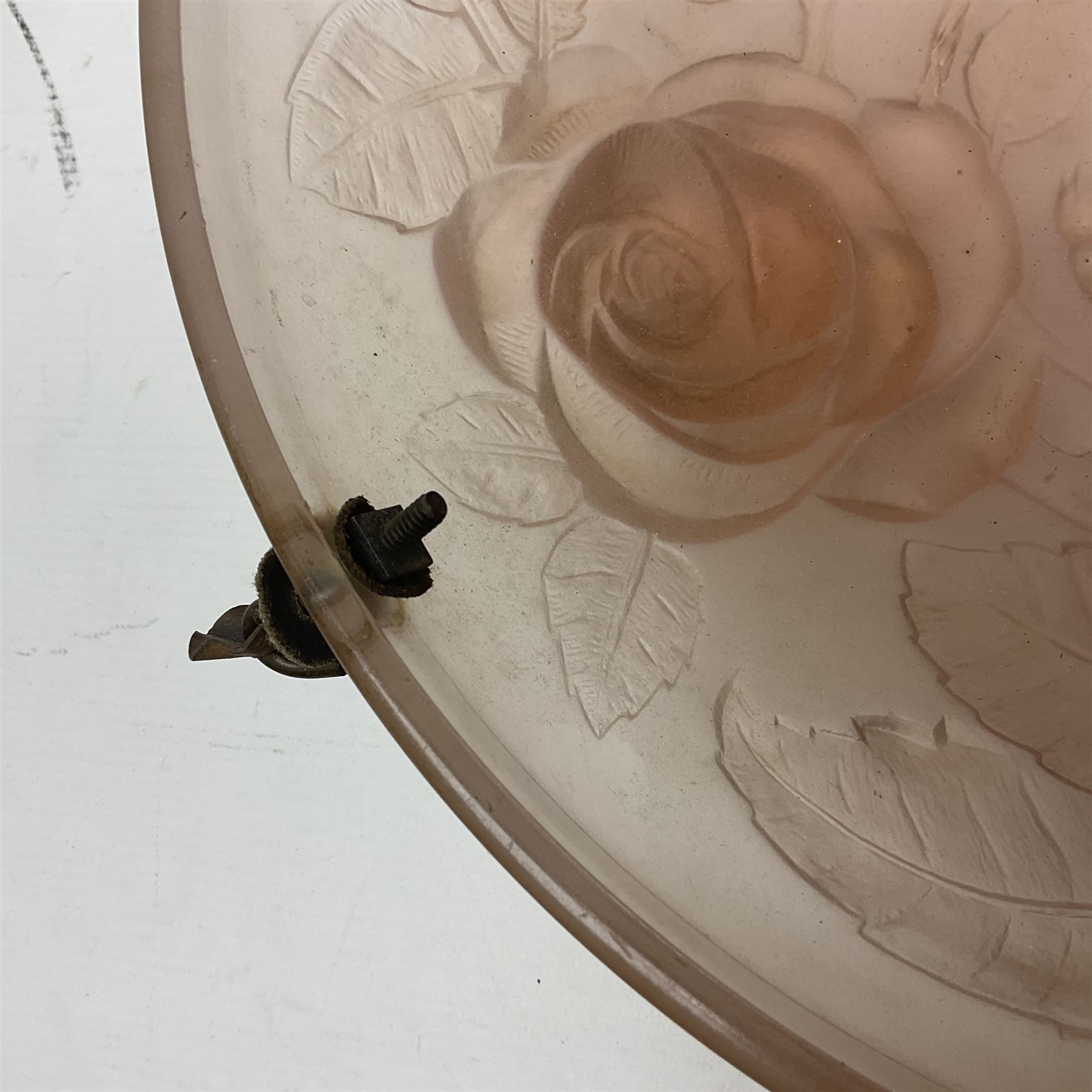 1930s pink frosted glass ceiling light shade, decorated with roses, D