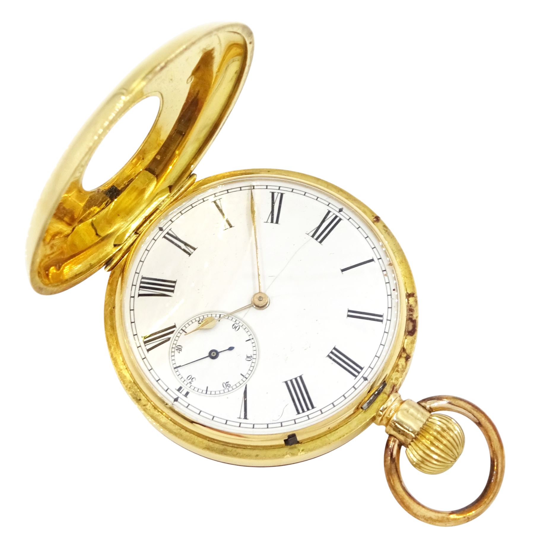 19th / early 20th century 18ct gold half hunter keyless lever pocket watch, white enamel dial with Roman numeral hour markers and subsidiary seconds dial, back case with monogramed initials, stamped 18K with Helvetia hallmark