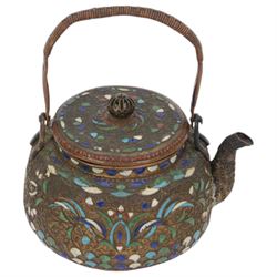 Champleve enamel teapot, with pierced finial, green enamel interior and woven handle, H10cm