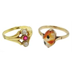 Gold single stone moss agate ring, stamped 9ct and a gold three stone pearl and pink stone set ring, stamped 18K
