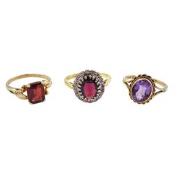  18ct gold garnet and diamond cluster ring, hallmarked and two 9ct gold rings including amethyst and garnet