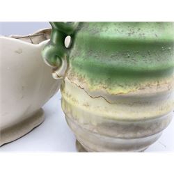 Two Arthur Wood twin handled vases to include one example in the Garden Wall pattern, together with a Beswick Ware merging green, yellow and cream vase, all with marks beneath, tallest H23cm