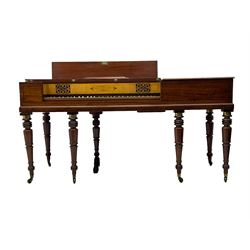 Goulding D'Almaine Potter & Co. London - Regency mahogany square piano, satinwood interior with fretwork, on collar turned supports with brass cups and castors, with a 68 note compass (5 octaves) possibly some re-stringing in the past with replacement tuning pins, original dampers, hammers and sustain pedal.  

This item has been registered for sale under Section 10 of the APHA Ivory Act