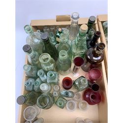 A large collection of green, blue and clear glass bottles, to include lemonade, soda water bottle, Brewery bottles, a number of local interest marked Hull. 