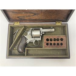 The major parts only of a British Bull-Dog .500 Boxer five-shot revolver comprising stripped down framework, cylinder, trigger with guard, functioning hammer and two-piece chequered grip; retailed by G. Goth Buenos Ayres; Belgian proof marks; L19.5cm overall; in fitted mahogany case 