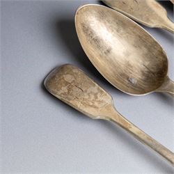 Collection of silver flatware, comprising set of six Georgian teaspoons, three Victorian Exeter silver dessert forks, Georgian Old English pattern table spoon, etc all hallmarked