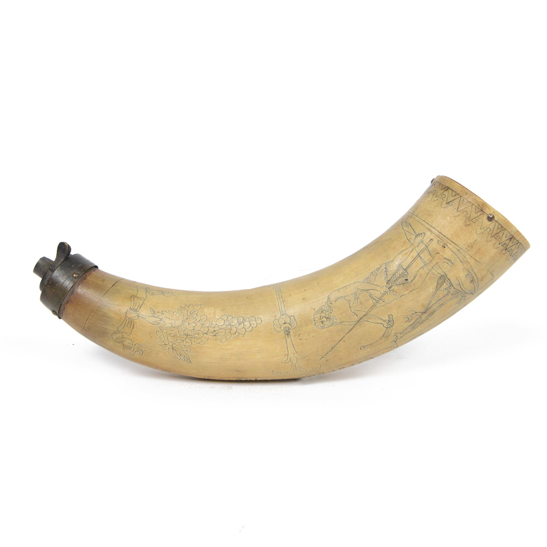 19th century 'scrimshaw' horn powder flask, the body incised and inked with naive figures, inscribed George Pobjoy