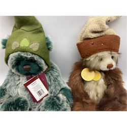 Six Charlie Bears, comprising Nutmeg CB621329, designed by Isabelle Lee, Toadstool CB195166, Pom Pom CB175154B, Whoooo CB195220O, Bandage CB215274O, and Bearwolf CB215275O, all with tags 