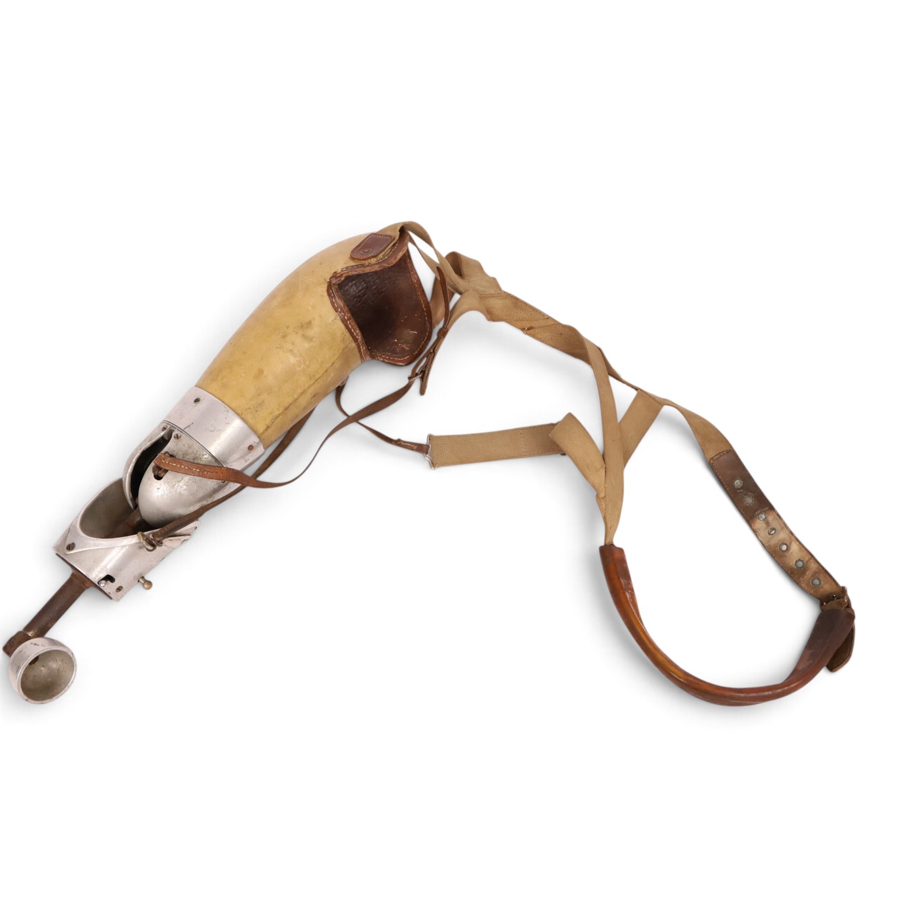 1940's prosthetic arm, possibly British, made from leather and polished aluminium, with canvas and leather straps  L47cm