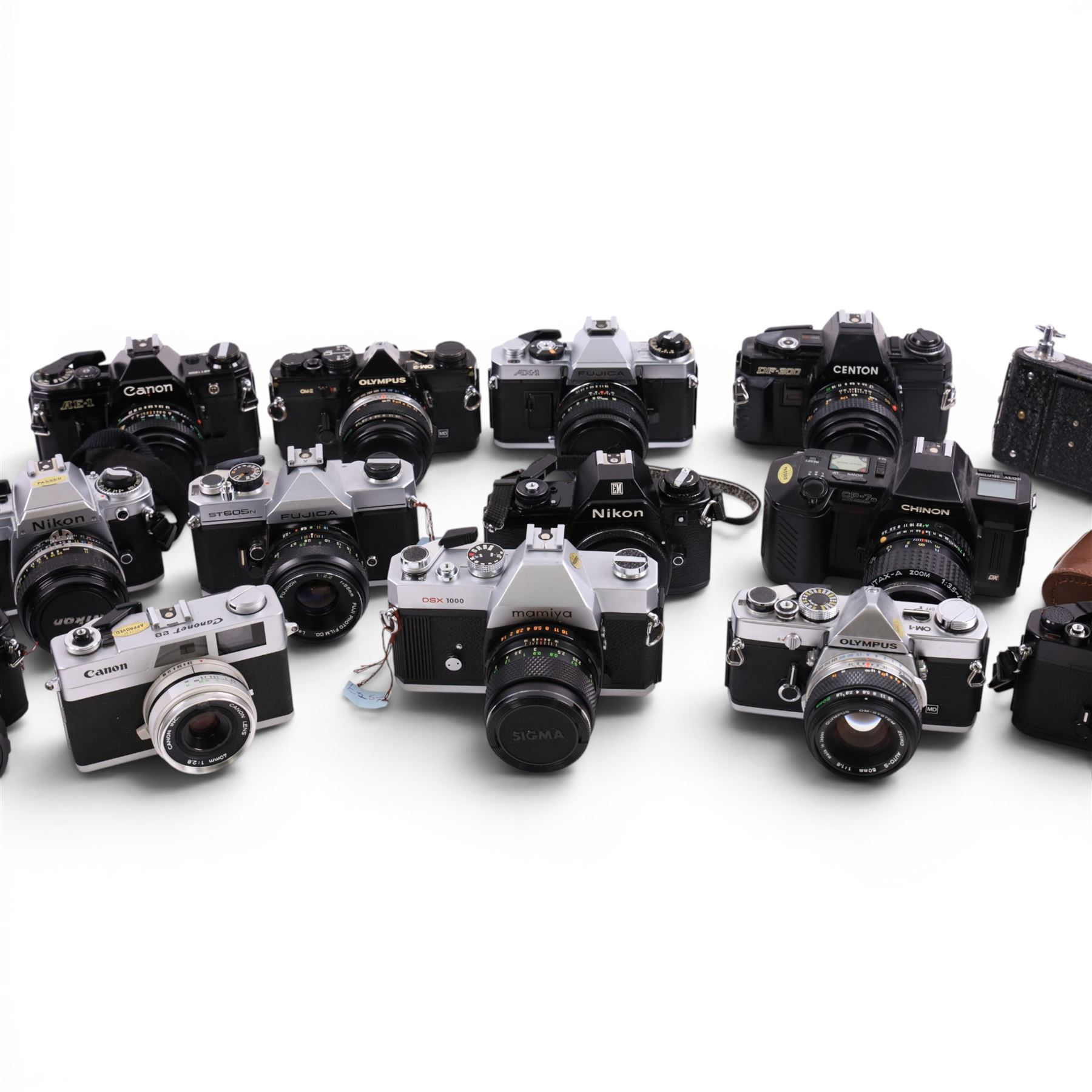 Collection of cameras, Nikon EM, Fujica ST605, Olymous OM2, etc