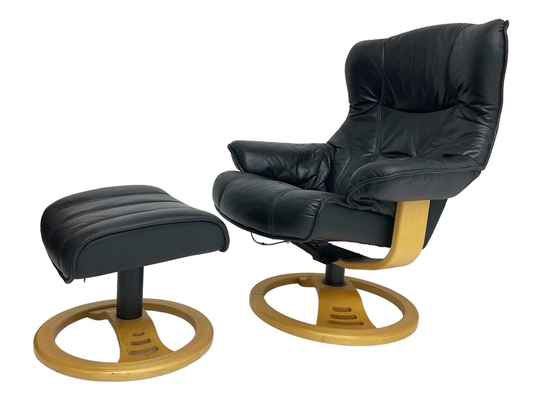 Anderssons of Sweden - mid-20th century design swivel armchair, upholstered black leather, raised on beech U-frame supports with circular base, together with matching footstool 