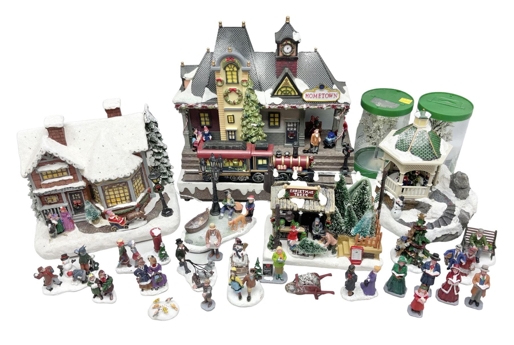 Christmas decorations; Premier LED Christmas Village scene with moving train, together with three Lumineo christmas scenes, and other similar 