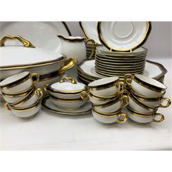 Pirkenhammer of Czechoslovakia Carlsbad pattern tea and dinner for twelve place settings to include dinner plates, soup bowls, side plates, covered tureen, tea cups and saucers, coffee cups and saucers, teapot, milk jug, covered surier, etc, with an addition twelve dinner plates (110)