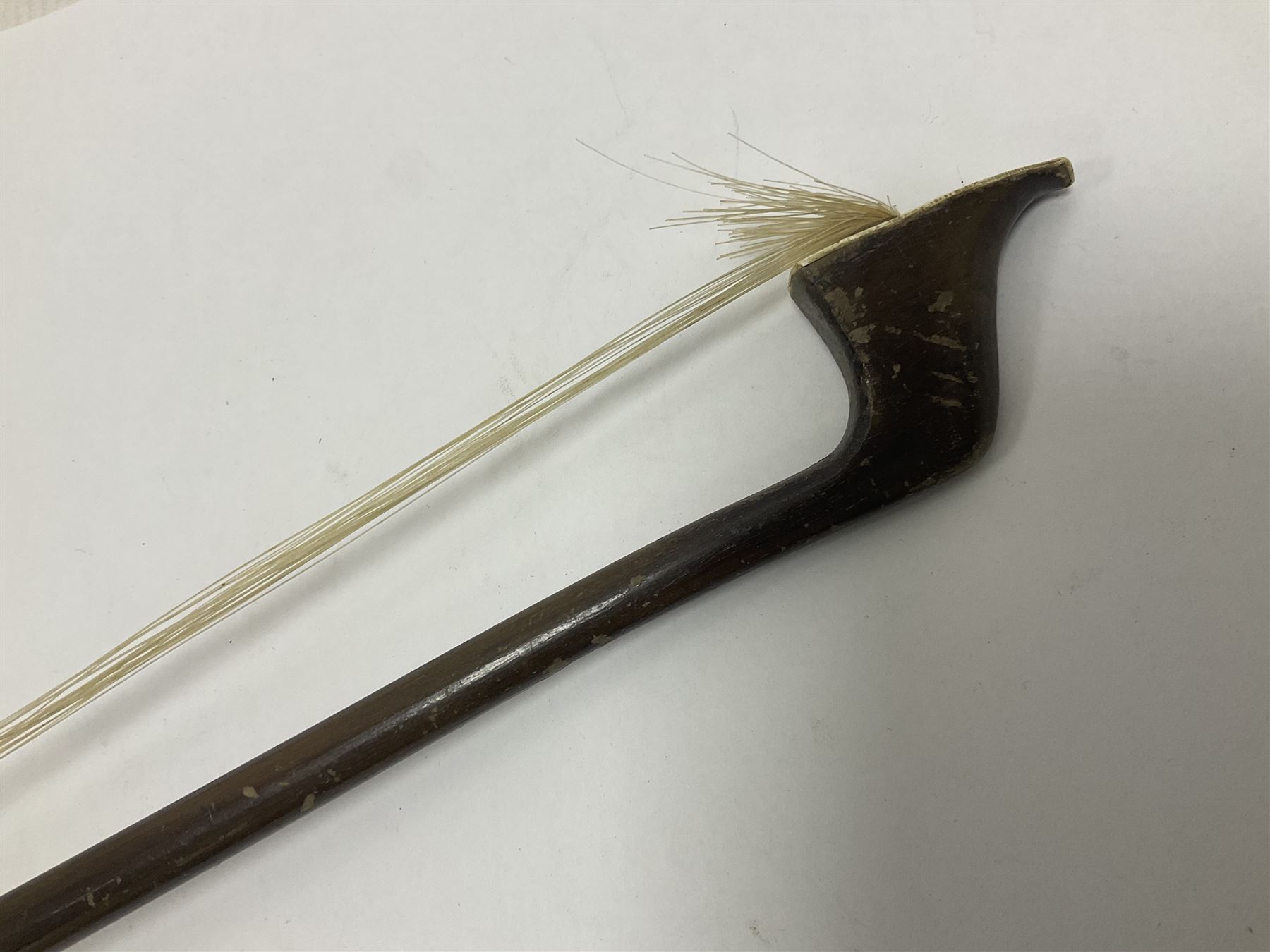 Wooden double bass bow with a mother of pearl inlay to the frog Length 71cm